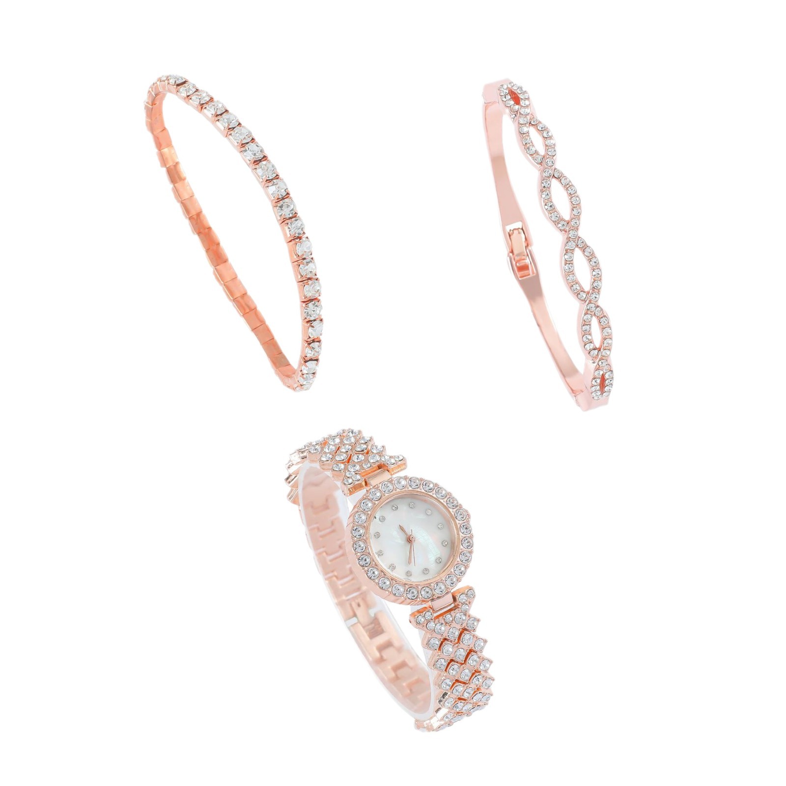 Reloj de cuarzo lleno de diamantes de las mujeres de moda coreana + pulsera de diamantes completa 3 unids/set