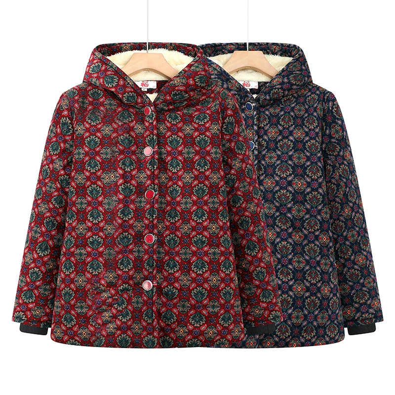 Бабушка пальто зимнее платье женская цветочная маленькая хлопковая куртка мама плюшевая толстая хлопковая куртка с капюшоном