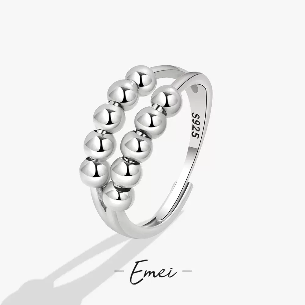 跨境货源欧美焦虑解压戒指女复古两层小众灵动转运珠圆珠开口戒指