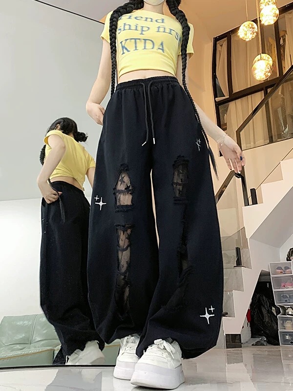 黑色破洞牛仔裤女2025夏季新款高腰显瘦直筒阔腿休闲爵士跳舞裤子|undefined