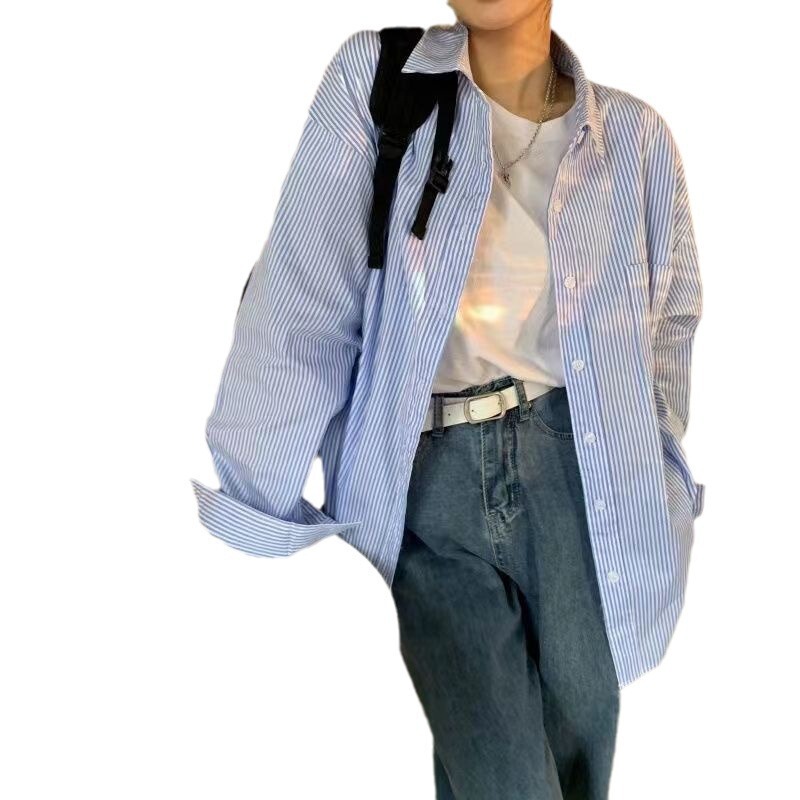 ストライプの長袖のシャツの女性の春秋の服の新型の日焼け止めのゆったりしたbfの風のゆったりしている中の長いストライプの百合のコートの女性|undefined