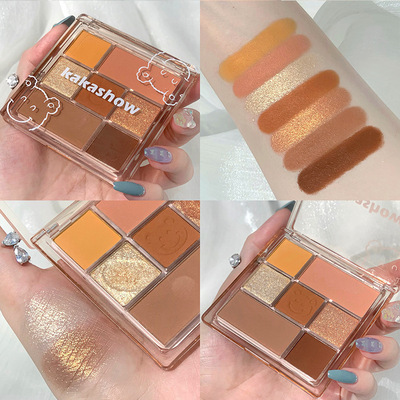 KAKASHOW大地色眼影盘可爱熊七色眼影珠光高光修容腮红一体盘细腻|ru