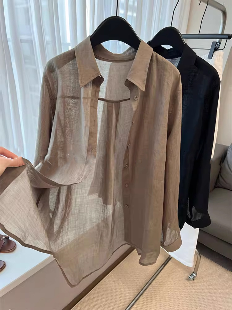 Áo sơ mi linen nữ phong cách cổ điển thiết kế rộng rãi chống nắng mùa hè — Màu cà phê khói