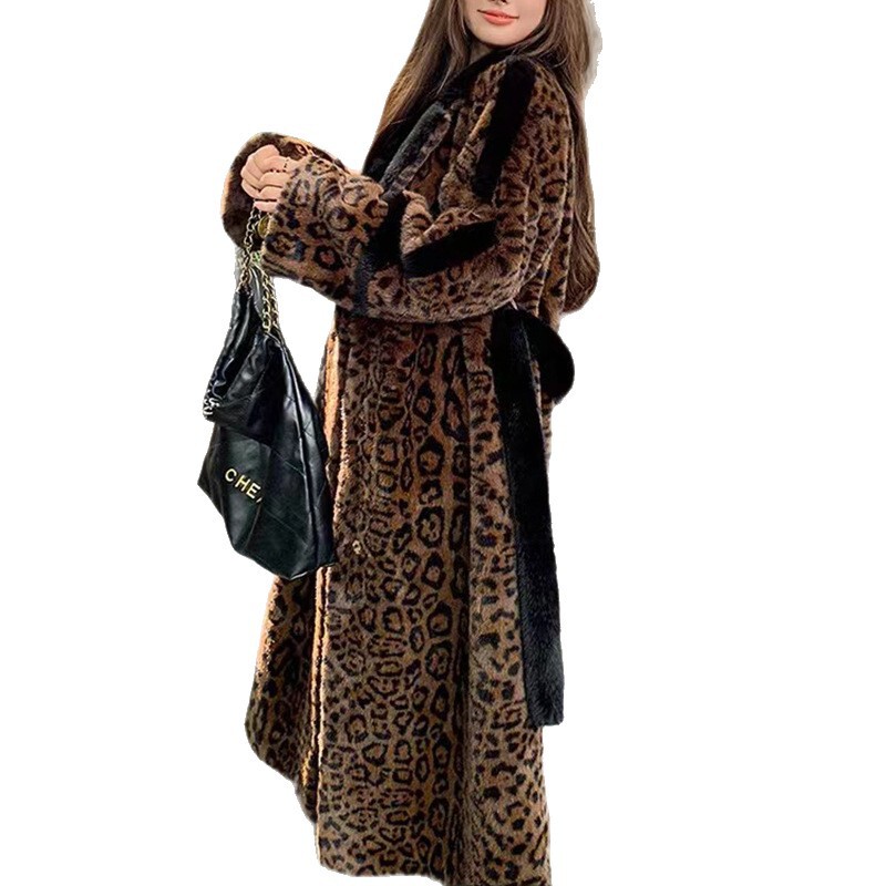 西服领豹纹皮草外套街头皮毛一体大衣女2025冬季新款豹纹夹黑皮草|undefined