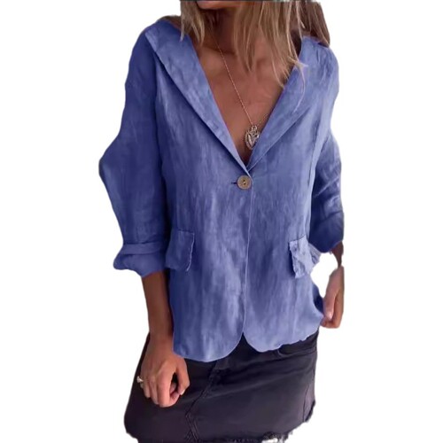 Spring Artistic Plus Size Loose Solid Color Button Blazer Collar Cotton Linen Women's Suit Jacket