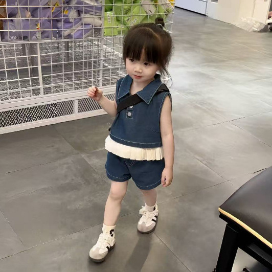 2025 Summer Girl's Denim Vest Skirt suit Baby Girl's Button Sling Strap Ear Edge Skirt Two-piece Set Trendy