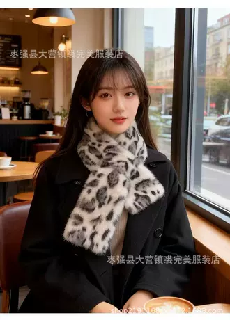 秋冬款潮流复古豹纹围巾女保暖时尚双面加厚仿水貂毛防寒百搭围脖