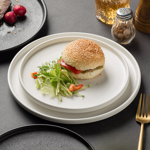 White quicksand plate, steak plate, Western food plate, black frosted flat plate, hotel restaurant creative dish plate with special features