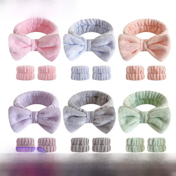 Solid Color Bow Headband Three-Piece Set for Girls Face Wash and Moisture-Proof Wristband with Bow, Versatile Makeup Simple Wristband