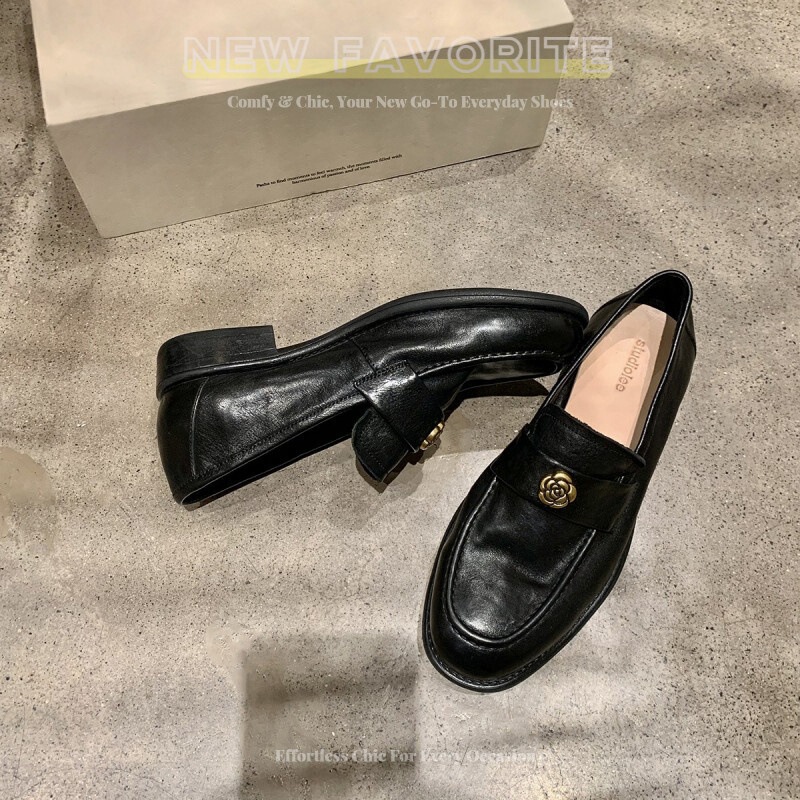 First-Layer Leather Version in Stock, Ships Immediately! Same Style Shoes with Retro Camellia Gold Buckle, Round Toe, Versatile Chunky Heel Loafers