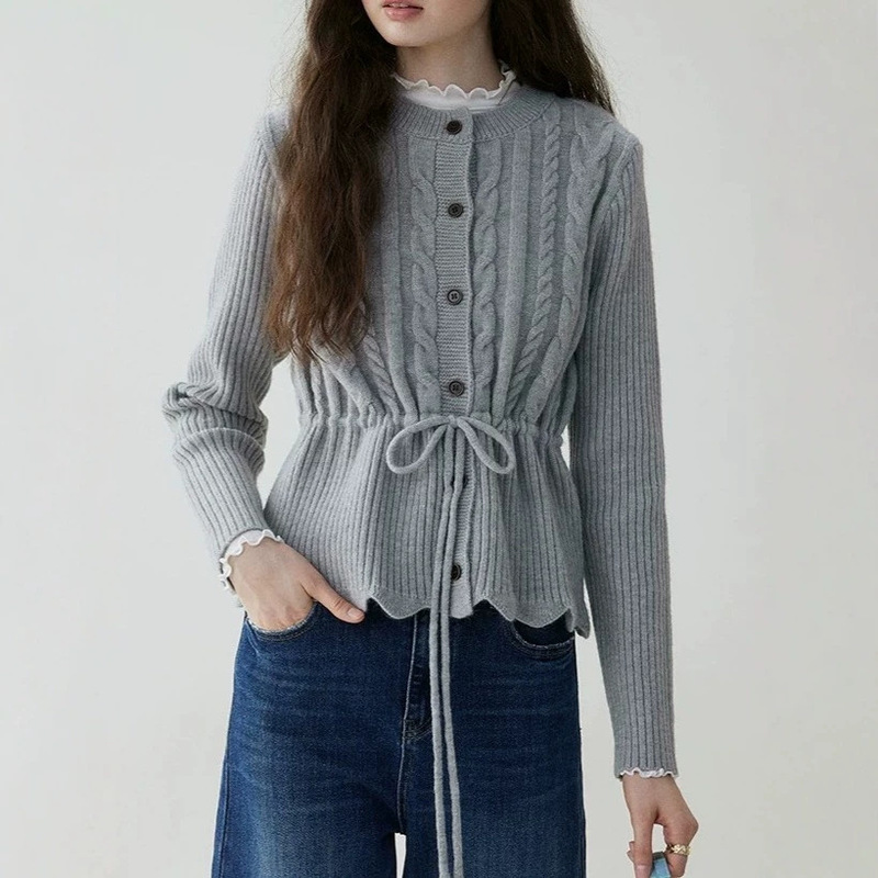 "Mustard Pie" waist-cinching drawstring cable-knit cardigan for women, new autumn and winter round-neck slimming and age-reducing top "Mustard Pie" waist-cinching drawstring cable-knit cardigan for women, new autumn and winter round-neck slimming and age-reducing top