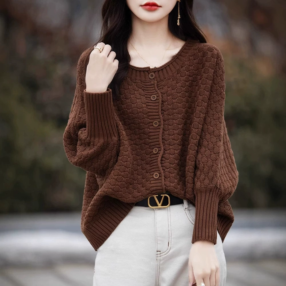 2025 Весна-Осень Новый Свитер Кардиган Женский Круглый Вырез Рукав Мустанг Вязаный Жакет Свободный Утягивающий Короткий Верх