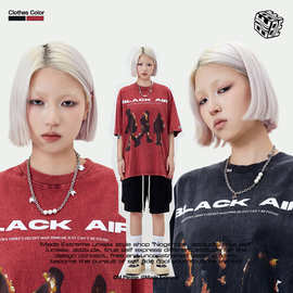 BLACKAIR美式街头复古潮牌男装水洗做旧火焰印花短袖t恤休闲百搭