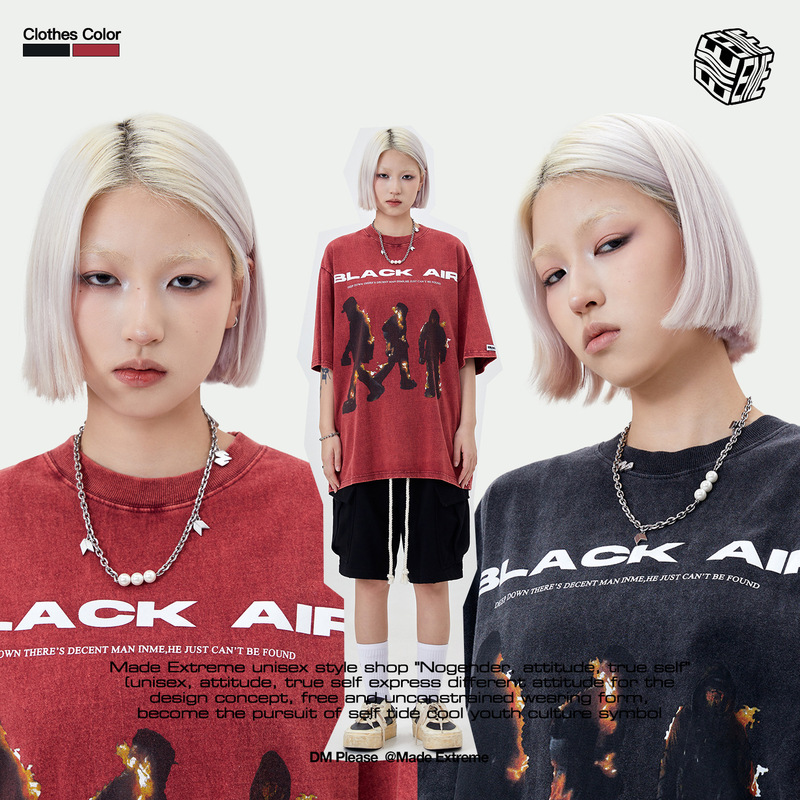 Blackair American Street Retro Trendy Brand Men's Clothing Washed and Distressed Flame Print Short-Sleeved T-Shirt Casual and Versatile