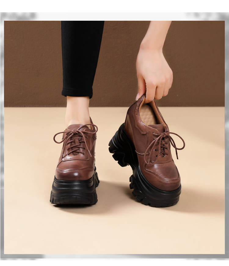Giày thể thao nữ đế xuồng platform cao 14 cm, da thật, phong cách mới — màu nâu chi tiết 14