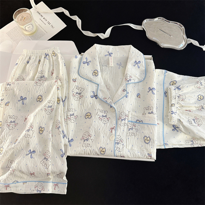 Pijamas de amor dulce de color, pantalones de manga corta de hilo de algodón de nube de verano para mujer, cárdigan de tres piezas, servicio a domicilio