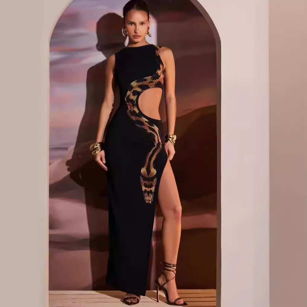 Women's Clothing Summer Women's Animal Print Dress Style Side Waist Hollow Out Slim Fit Long Skirt With Slit_ecoleips.com