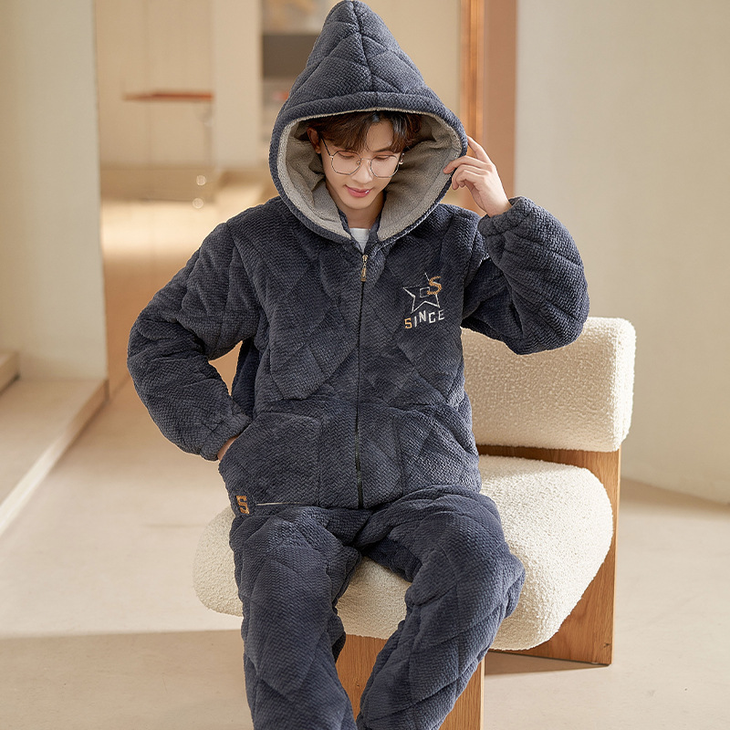 Wholesale Winter Pajamas for Men, Coral Velvet Three-Layer Quilted Hooded Zipper Thickeneded Home Wear Set That Can Be Worn Outside