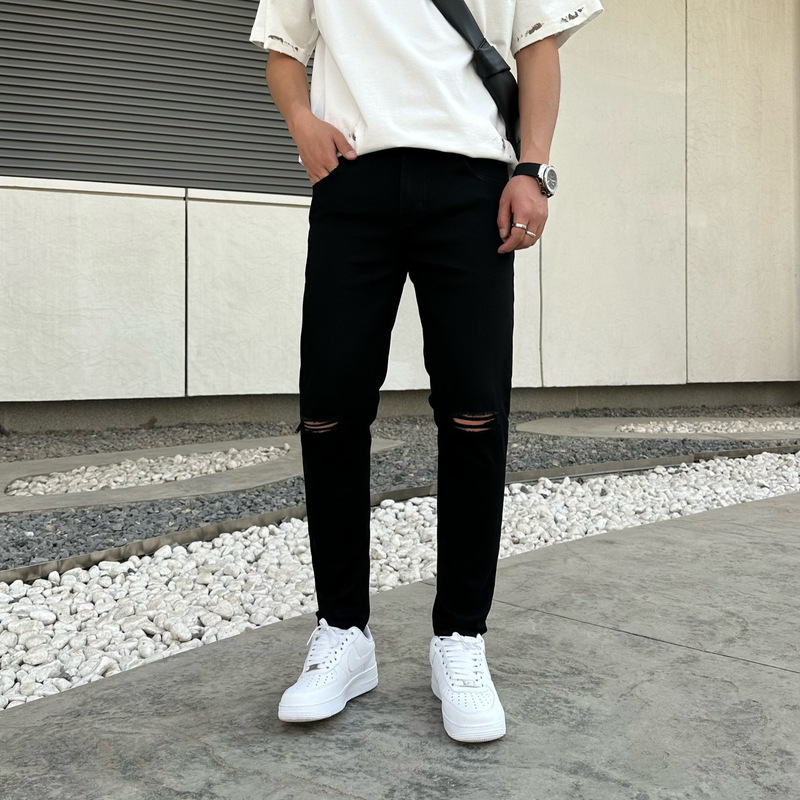 Summer New Style Black Simple Stretch Slim-Fit Ripped Knee Jeans for Men, Cropped Pants