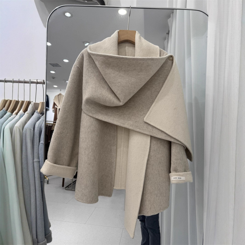 Big Brand Two-Color Double-Sided Wool Cashmere Coat Mid-Length Scarf Cape Shawl Thickeneded Lazy Loose Women's Outwear