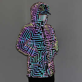 欧美电路纹长款炫彩反光棉服亚马逊大码棉衣跨境韩版面包服批发