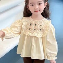 精品女童花邊刺綉襯衫上衣長褲套裝女寶寶娃娃衫喇叭褲春秋兩件套