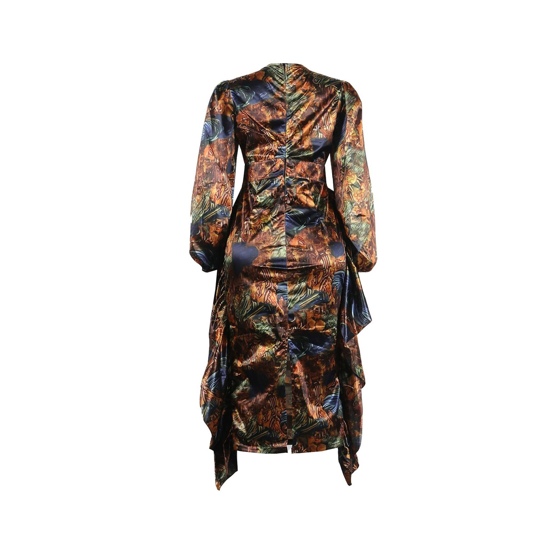 Women's Clothing Sexy Printed Ruffled Lantern Sleeve Hip Hugging Slim Fit Long Sleeve Dress_voghion.com