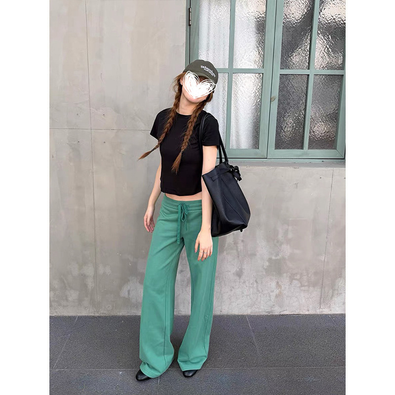 Mosesqueen Green Casual Sports Sweatpants Straight Loose Wide-Leg Pants with Drape Effect and Floor-Length Design Mosesqueen Green Casual Sports Sweatpants Straight Loose Wide-Leg Pants with Drape Effect and Floor-Length Design
