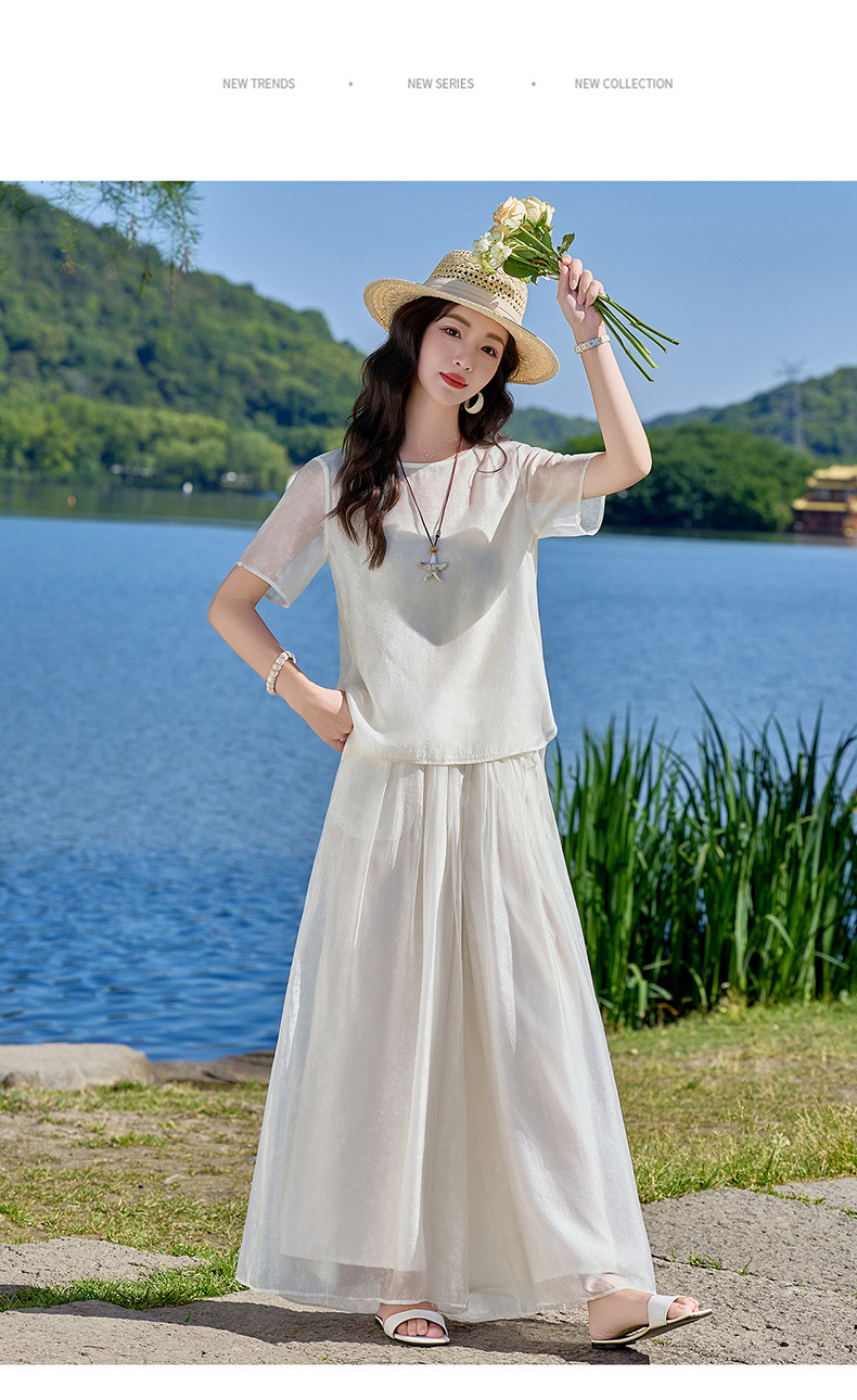 Bộ quần áo hai mảnh sơ mi hoa văn nổi quần ống rộng phong cách Trung Quốc mới — Xanh lá cây nhạtcolor, màu trắng chi tiết 30