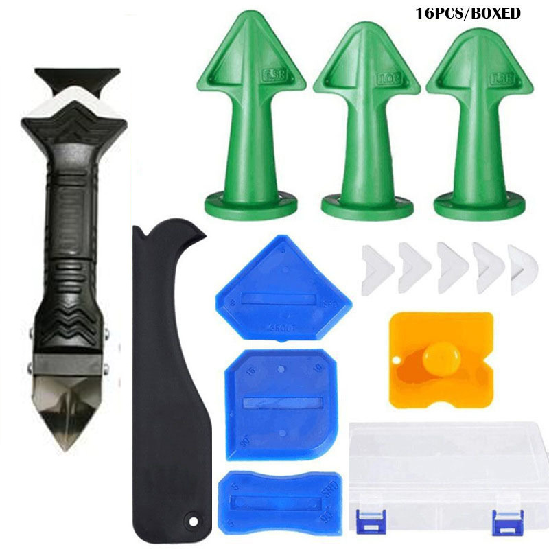 16件盒装填缝工具硅胶喷嘴涂抹3合1金属刮刀刮板密封瓷砖厨房浴室