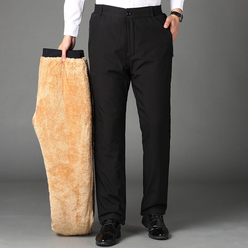 Fleece-lined and thickened men's cotton trousers, casual straight leg, plus size, long fleece, warm, dad pants, middle-aged and elderly winter thick dress pants