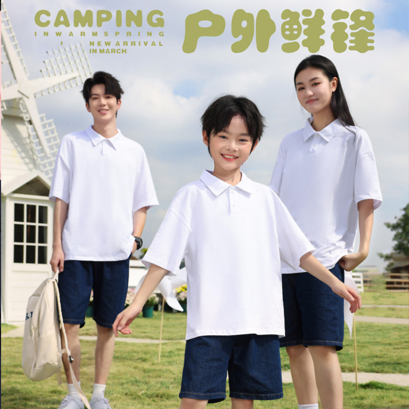 Campamento de verano de algodón de hombro para padres e hijos ropa de clase camiseta cultural para niños polo camiseta de manga corta con collar camiseta personalizada