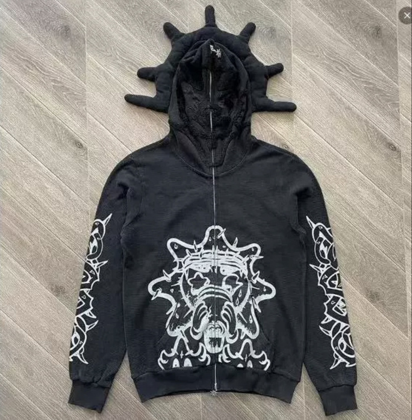 Other Hoodie Skeleton Graphic 3D Spike Hood Black