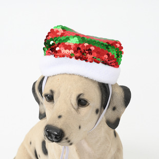 Cross-border pet Christmas hat dog holiday sequined hat medium and large Christmas holiday headdress dress up adjustable