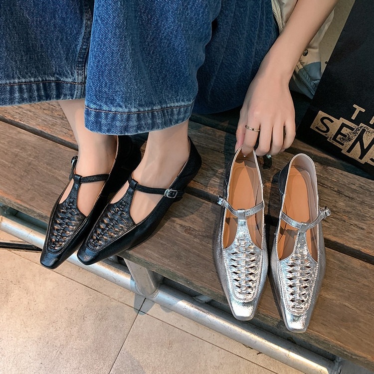 Giày Mary Jane nữ đan T-Strap da thật mũi vuông đế bệt — màu đen, bạc chi tiết 99