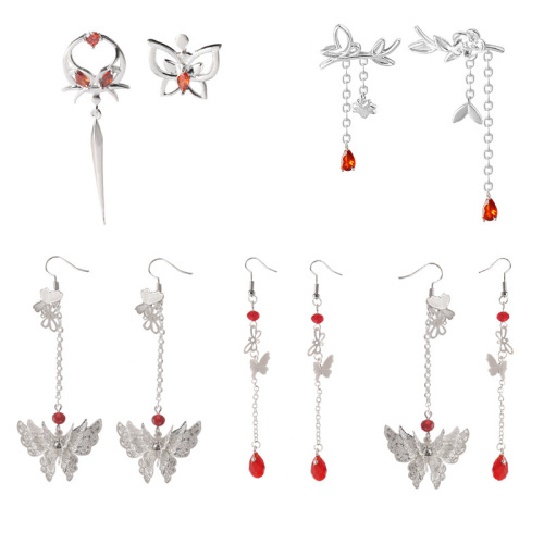 Heavenly Official Blessing Blood Rain Visiting Flower City Xie Lian Earrings Silver Butterfly Earrings Asymmetric Tassel Earrings