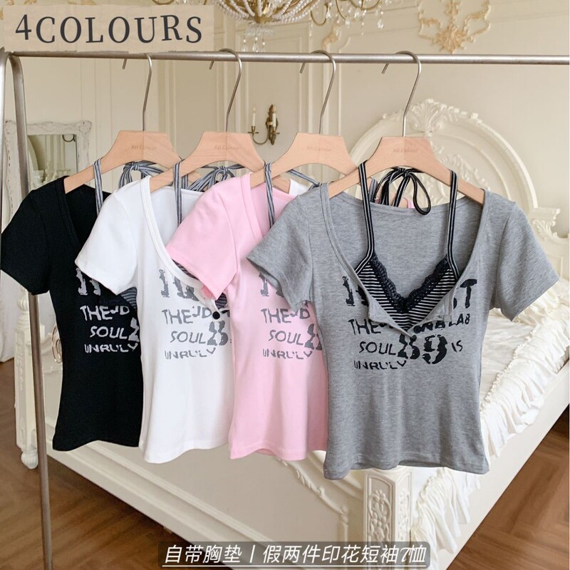 Trendy two-piece look letter print striped halter neck short-sleeve T-shirt with chest pads, slim fit and versatile top Trendy two-piece look letter print striped halter neck short-sleeve T-shirt with chest pads, slim fit and versatile top