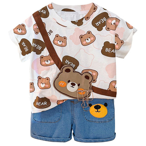 Children's clothing, boys' summer clothing, stylish full-print bear suit, baby's summer handsome and cute short-sleeved baby clothes