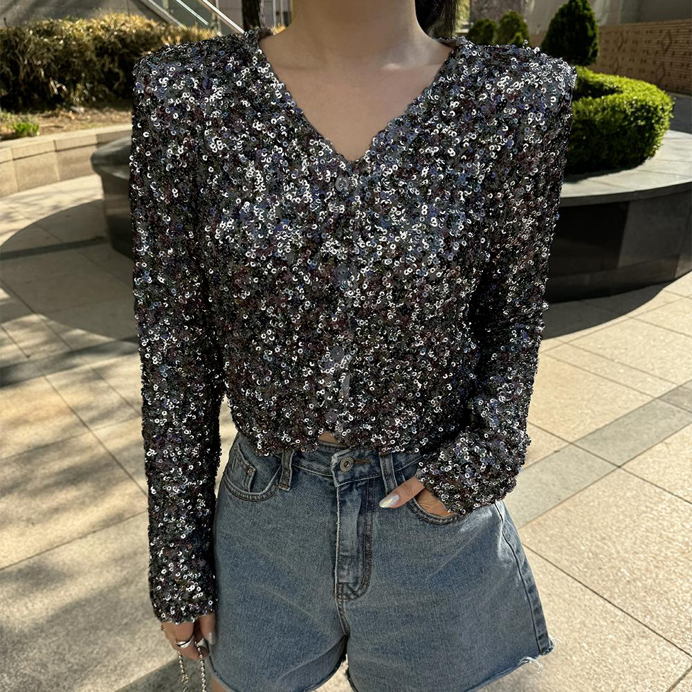 2025 nueva Europa y América Amazon manga larga ciudad de color casual suelta chaqueta de cuello V camiseta de ropa superior de mujer image 5