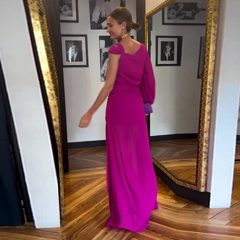 Women's Clothing solid color fashion oblique collar raglan sleeve slim temperament dress_mkmklike.com