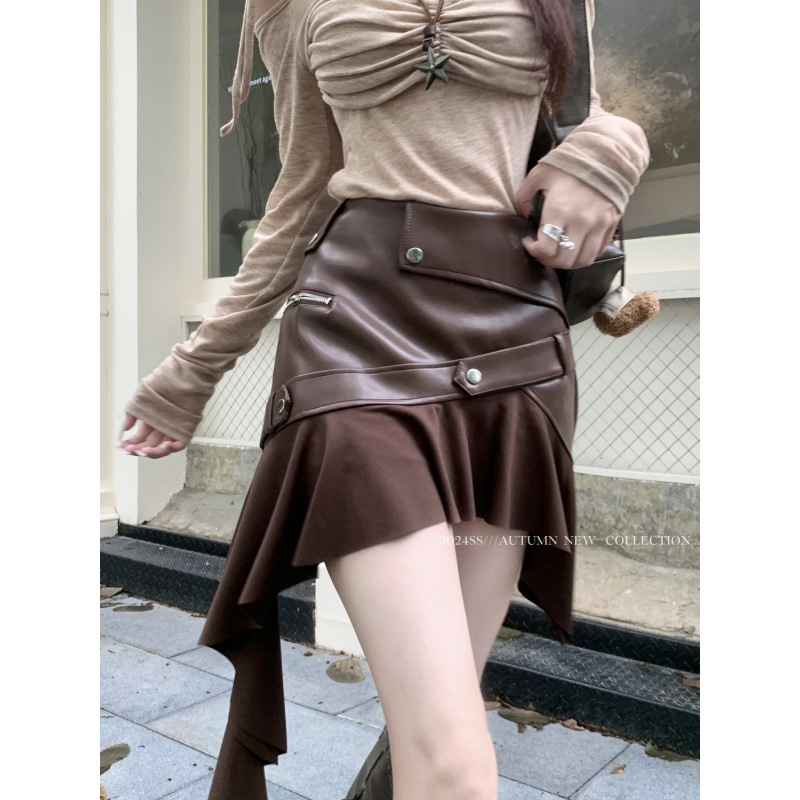 Vintage brown PU Leather Skirt Women's Autumn Irregular Ruffled A- Line Hip Skirt High Waist Slimming Short Skirt