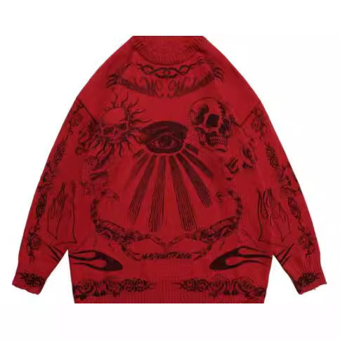 Goth Dark Flame Harajuku Skull Rock Wholesale Fashion Sweater Long Sleeve Knitted Collar Y2Ko Punk Hip Hop Girl