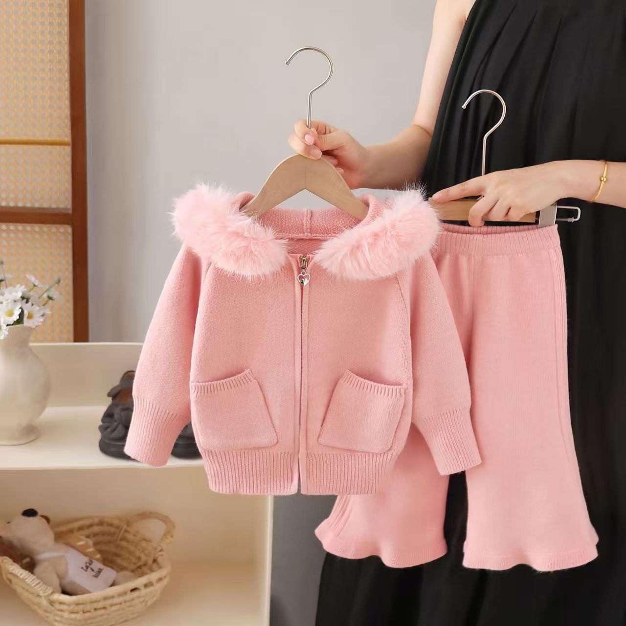 Children's sweater, demi-season set, cardigan with hood, solid color T-shirt, loose fit 2