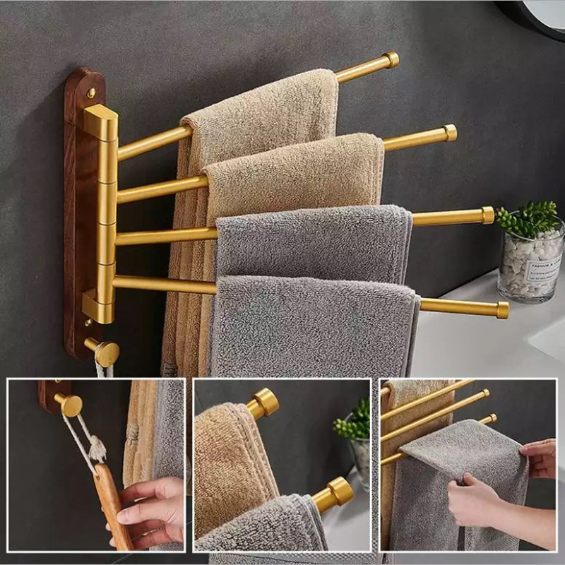 Walnut Punch-free Towel Rack Bathroom Foldable Multifunctional Rotating Multi-bar Towel Bar Bathroom Rack
