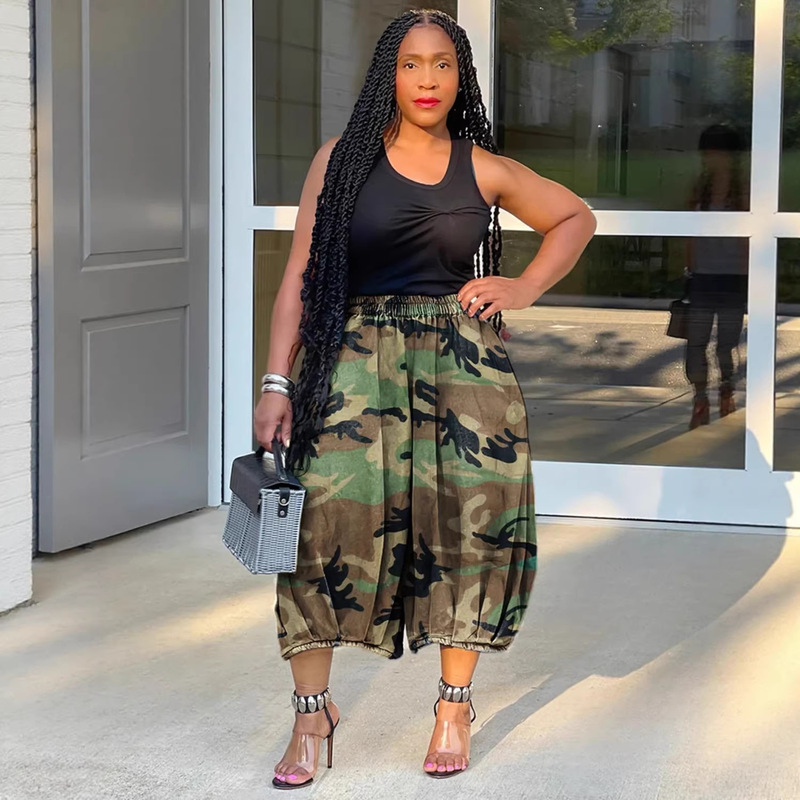 M2017 Cross-Border European and American Women's Fashion Casual Camouflage Print Pants Elastic Waist Lantern-Style Cropped Pants M2017 Cross-Border European and American Women's Fashion Casual Camouflage Print Pants Elastic Waist Lantern-Style Cropped Pants