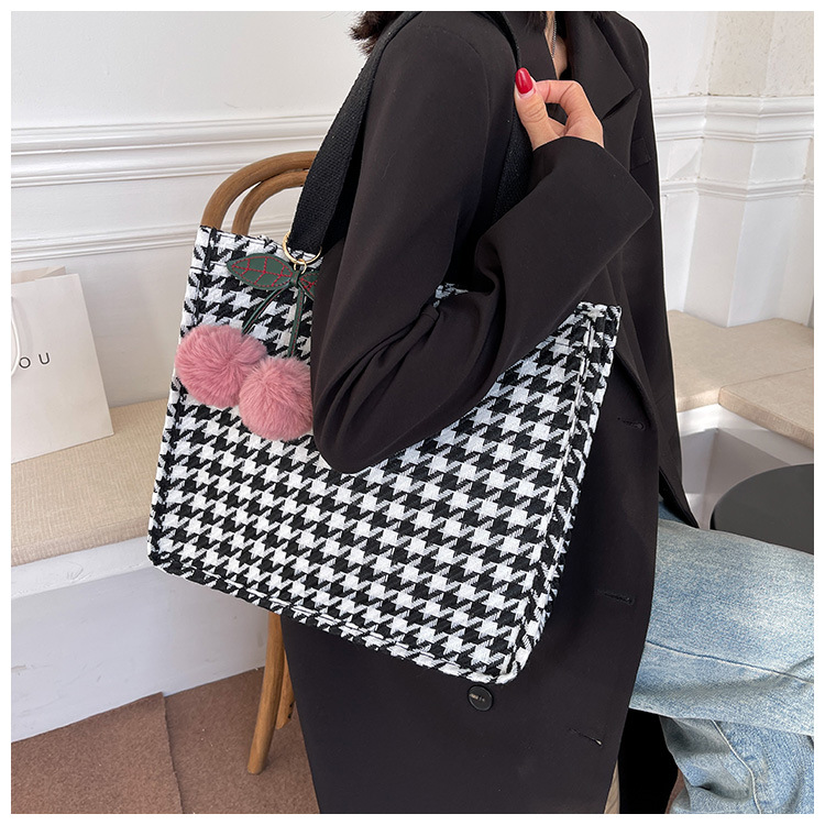 Houndstooth Pattern All Seasons Season Women's Large Canvas Houndstooth Vintage Style Square Open Shoulder Bag Tote Bag