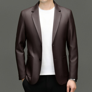 Solid Color Suit Collar Leather Jacket Men's 2024 Autum New Pu Leather Suit Business Casual Dad Jacket Top
