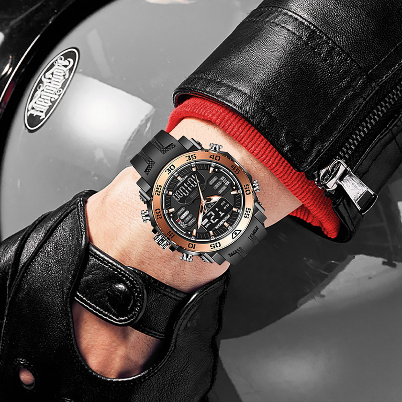 FB0021 cinta de los hombres de cuarzo electrónico de doble pantalla reloj luminoso multifuncional impermeable reloj despertador