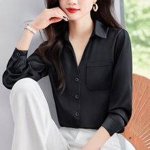 洋气休闲秋季新款女装翻领缎面雪纺衫上衣开衫衬衫打底衬衣