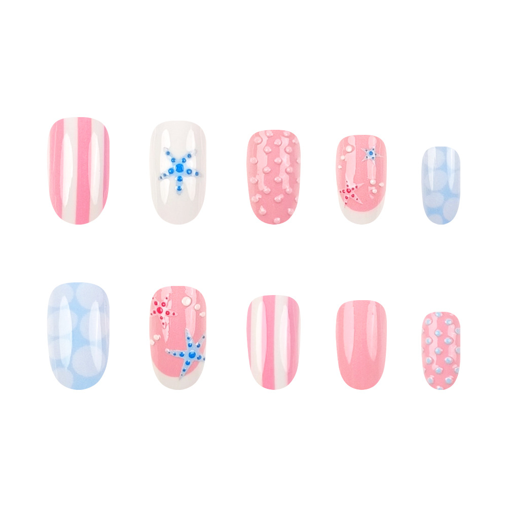 Verano estereoscópico estrellas de mar francesas 24 piezas rosa azul ondulado punto rayas manicure comercio exterior parches de uñas al por mayor